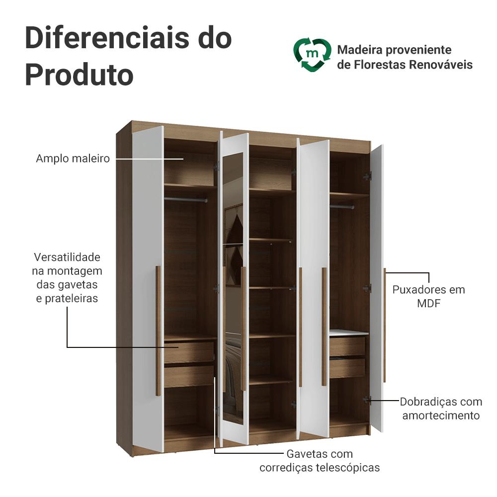 Guarda-Roupa Casal 6 Portas Batentes com Espelho Rustic/Branco/Rustic Netuno Madesa