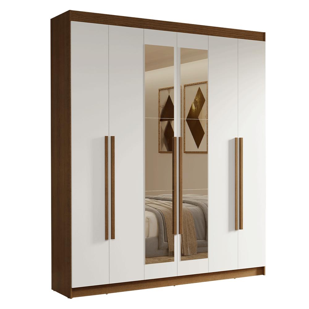 Guarda-Roupa Casal 6 Portas Batentes com Espelho Rustic/Branco/Rustic Venus Madesa