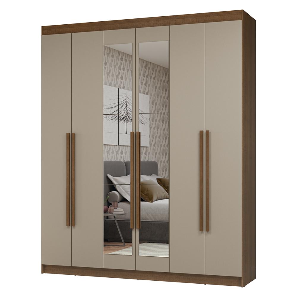 Guarda-Roupa Casal 6 Portas Batentes com Espelho Rustic/Crema/Rustic Netuno Madesa
