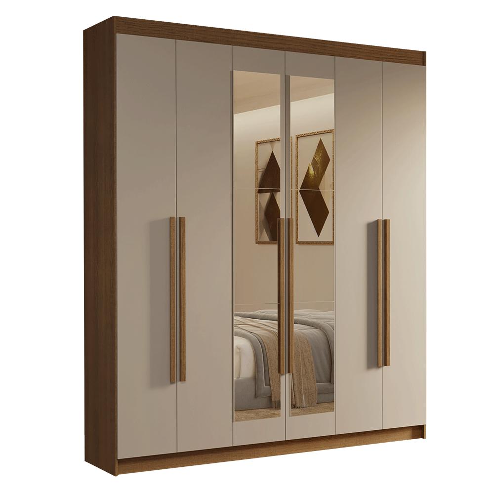 Guarda-Roupa Casal 6 Portas Batentes com Espelho Rustic/Crema/Rustic Venus Madesa