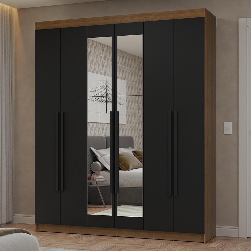 Guarda-Roupa Casal 6 Portas Batentes com Espelho Rustic/Preto/Preto Netuno Madesa