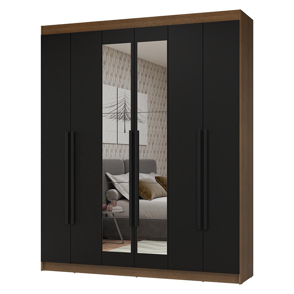 Guarda-Roupa Casal 6 Portas Batentes com Espelho Rustic/Preto/Preto Netuno Madesa