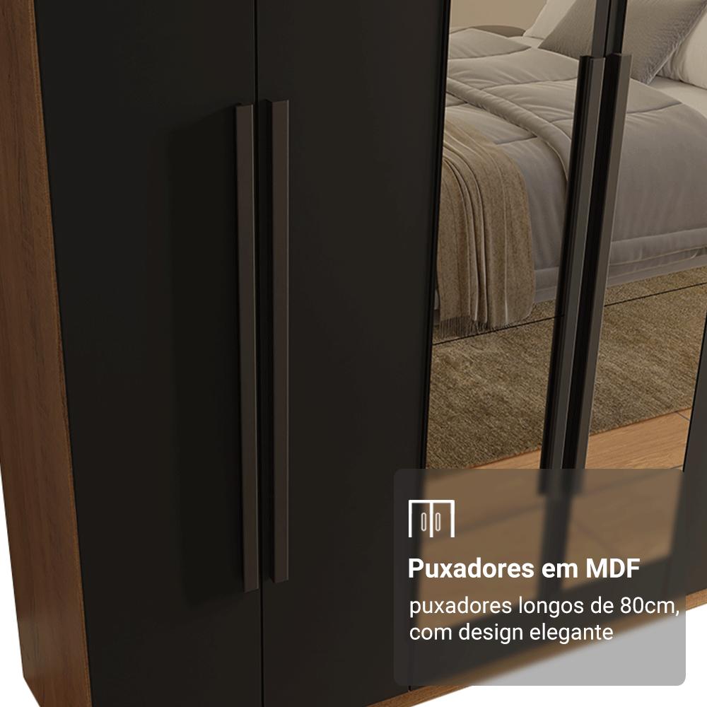 Guarda-Roupa Casal 6 Portas Batentes com Espelho Rustic/Preto/Preto Saturno Madesa
