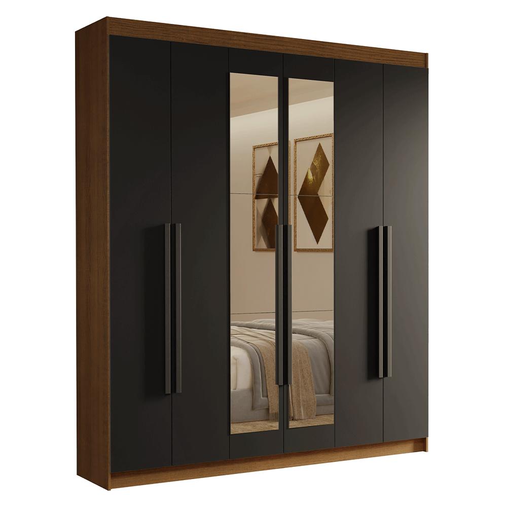 Guarda-Roupa Casal 6 Portas Batentes com Espelho Rustic/Preto/Preto Venus Madesa