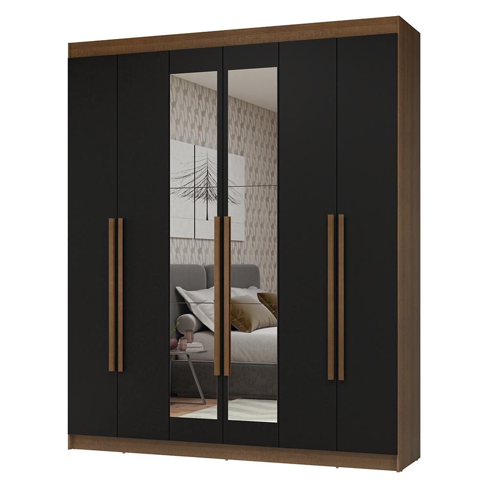 Guarda-Roupa Casal 6 Portas Batentes com Espelho Rustic/Preto/Rustic Netuno Madesa