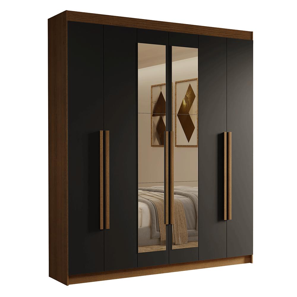 Guarda-Roupa Casal 6 Portas Batentes com Espelho Rustic/Preto/Rustic Venus Madesa
