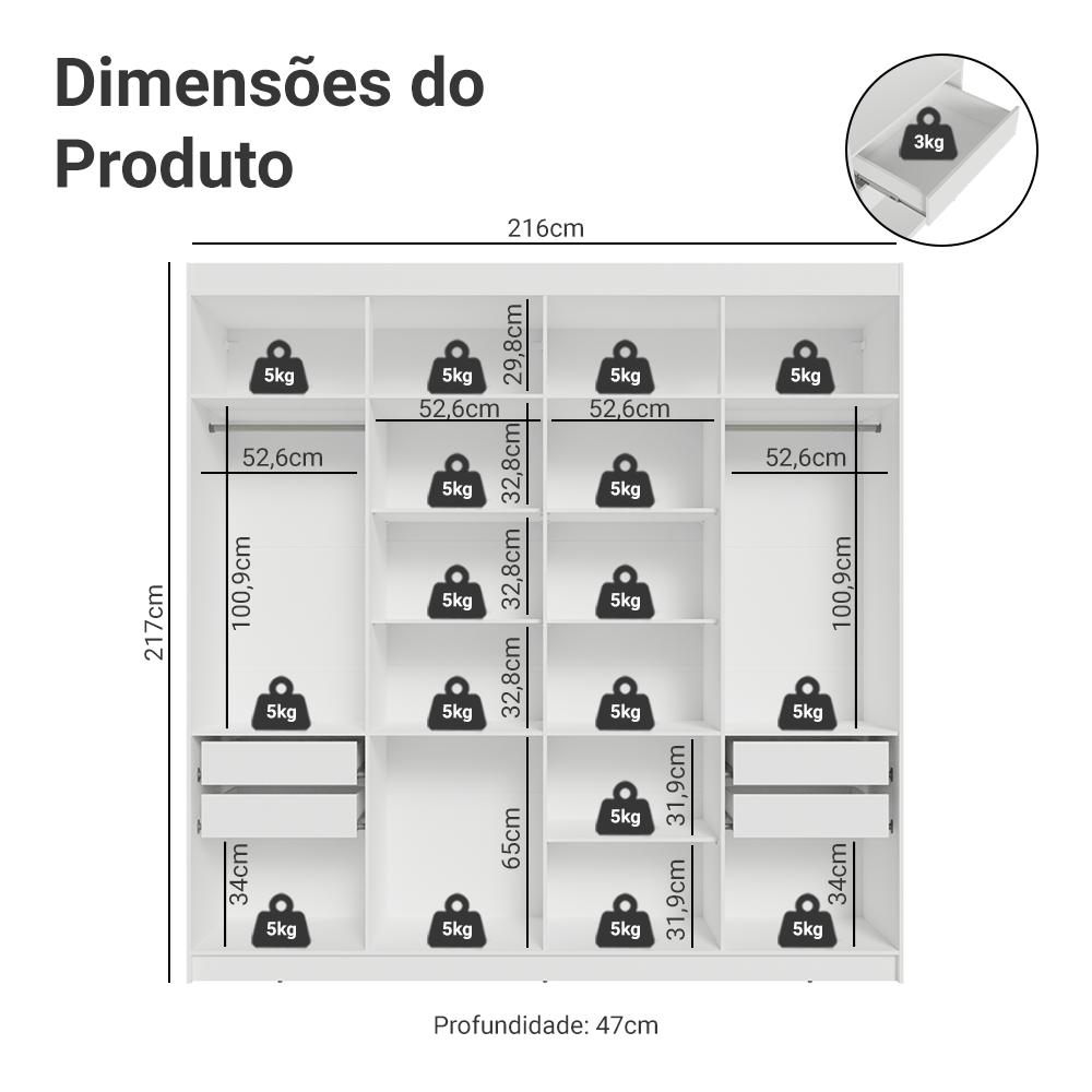 Guarda-Roupa Casal 8 Portas Batentes Branco/Preto/Preto Venus Madesa