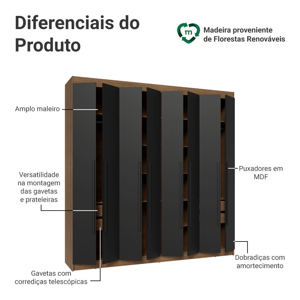 Guarda-Roupa Casal 8 Portas Batentes Rustic/Preto/Preto Netuno Madesa