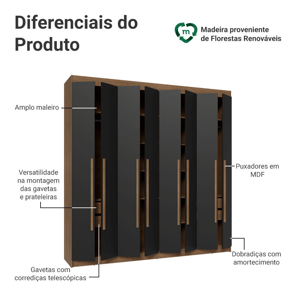 Guarda-Roupa Casal 8 Portas Batentes Rustic/Preto/Rustic Saturno Madesa