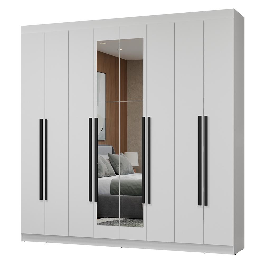 Guarda-Roupa Casal 8 Portas Batentes com Espelho Branco/Branco/Preto Netuno Madesa