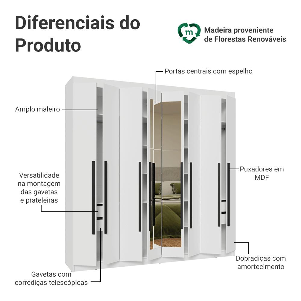 Guarda-Roupa Casal 8 Portas Batentes com Espelho Branco/Branco/Preto Saturno Madesa