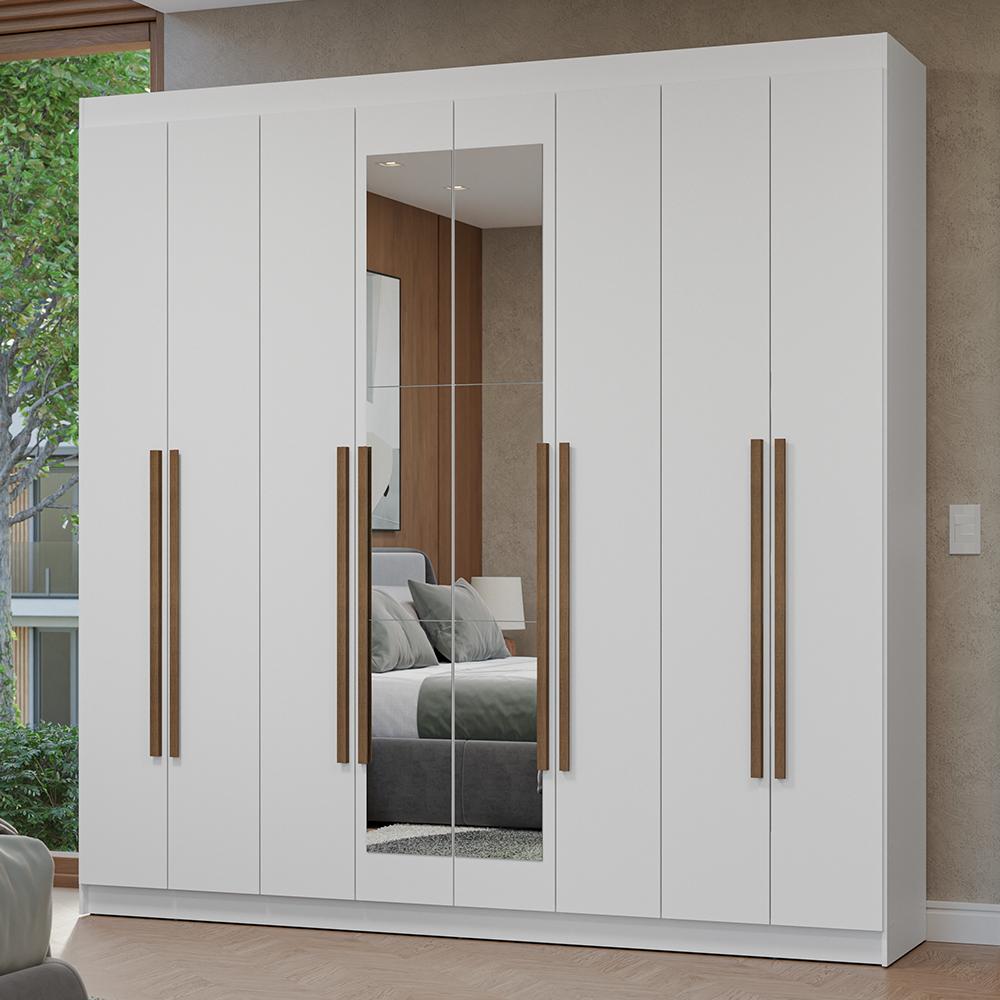 Guarda-Roupa Casal 8 Portas Batentes com Espelho Branco/Branco/Rustic Netuno Madesa