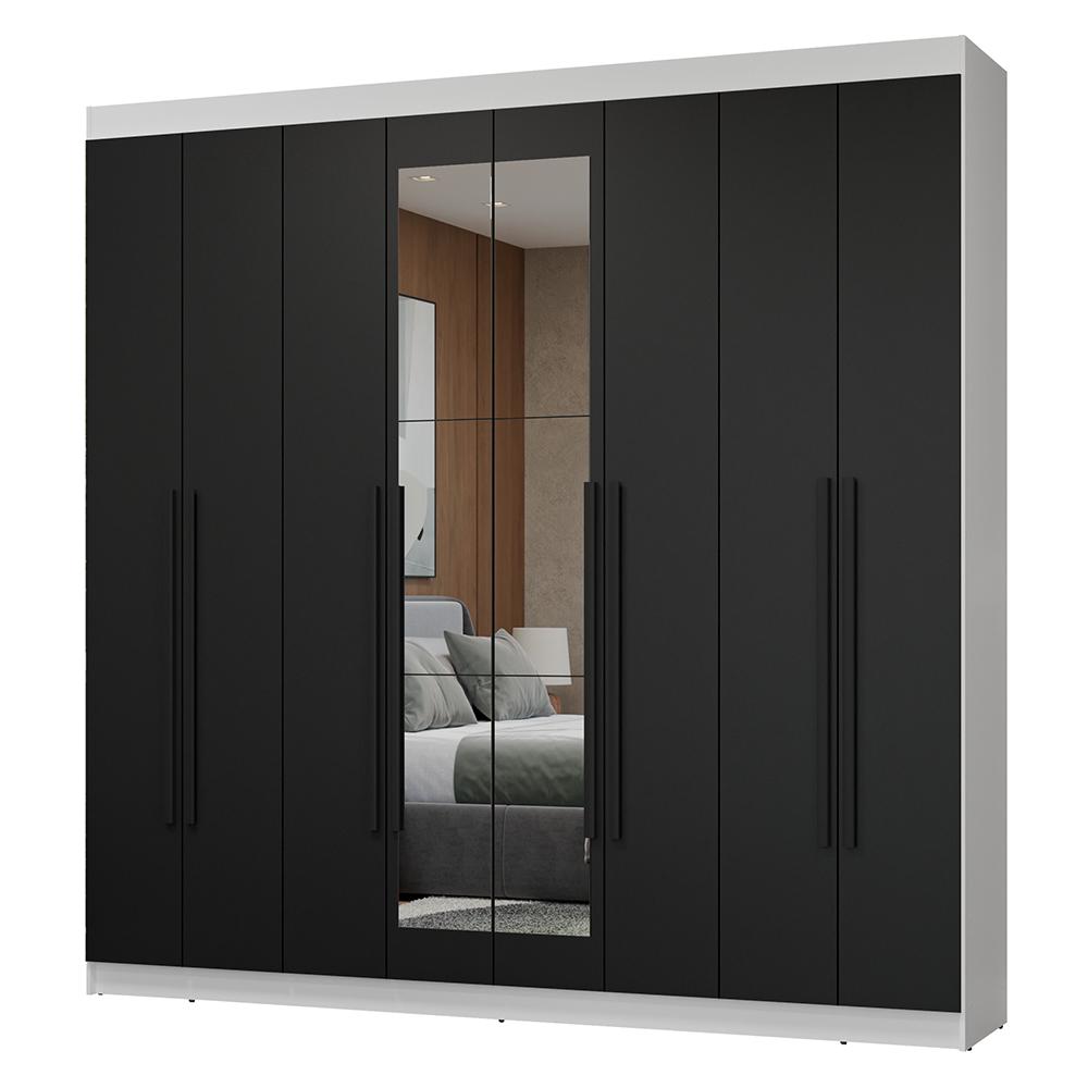 Guarda-Roupa Casal 8 Portas Batentes com Espelho Branco/Preto/Preto Netuno Madesa