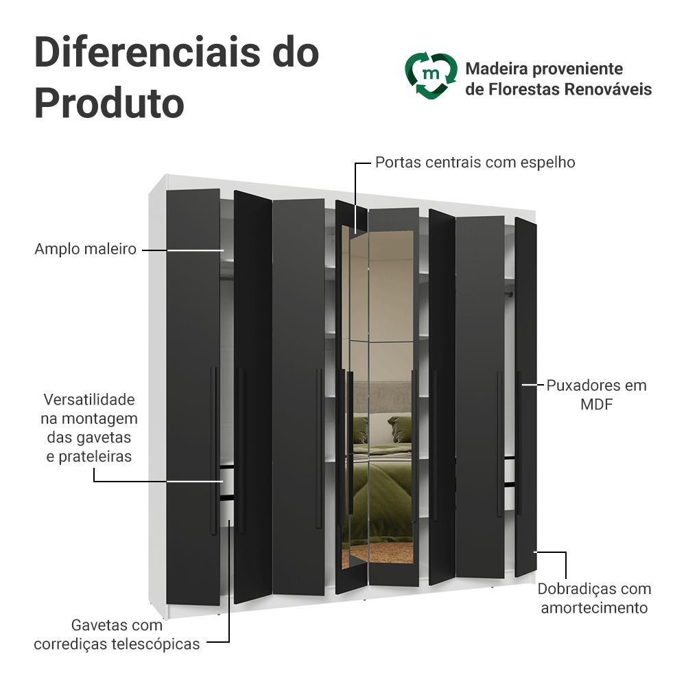 Guarda-Roupa Casal 8 Portas Batentes com Espelho Branco/Preto/Preto Netuno Madesa