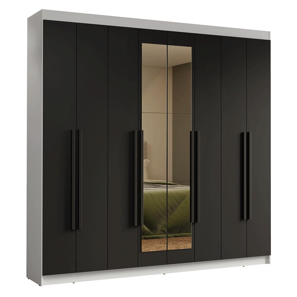 Guarda-Roupa Casal 8 Portas Batentes com Espelho Branco/Preto/Preto Venus Madesa