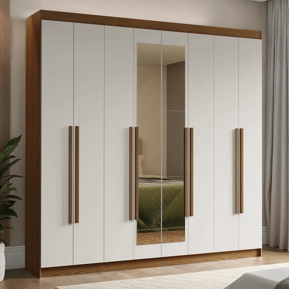 Guarda-Roupa Casal 8 Portas Batentes com Espelho Rustic/Branco/Rustic Venus Madesa