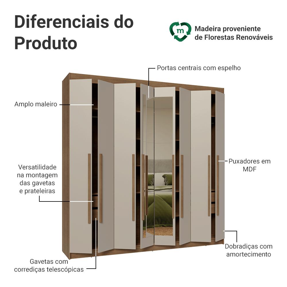 Guarda-Roupa Casal 8 Portas Batentes com Espelho Rustic/Crema/Rustic Saturno Madesa