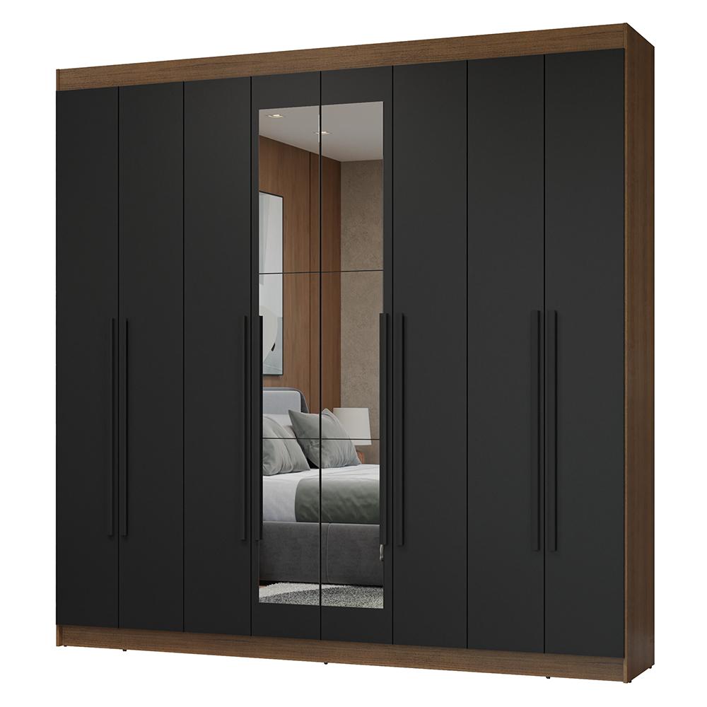 Guarda-Roupa Casal 8 Portas Batentes com Espelho Rustic/Preto/Preto Netuno Madesa