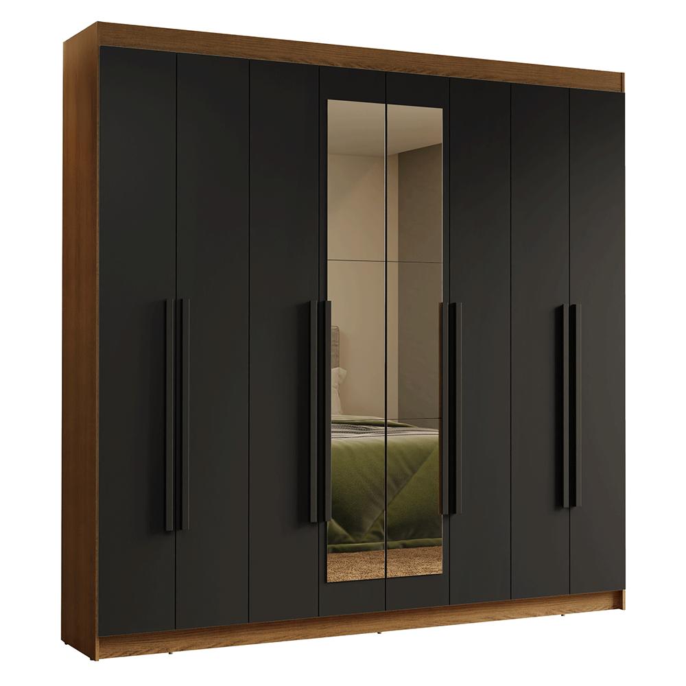 Guarda-Roupa Casal 8 Portas Batentes com Espelho Rustic/Preto/Preto Saturno Madesa