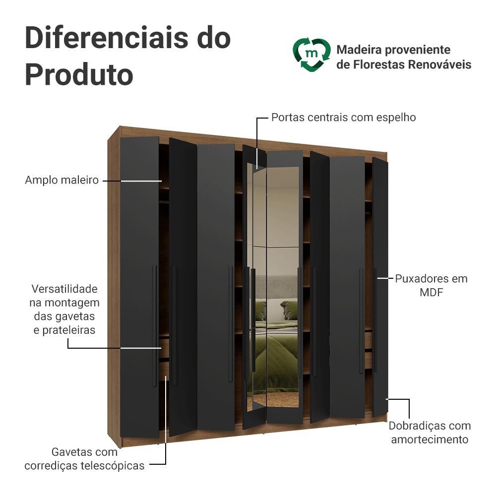 Guarda-Roupa Casal 8 Portas Batentes com Espelho Rustic/Preto/Preto Saturno Madesa