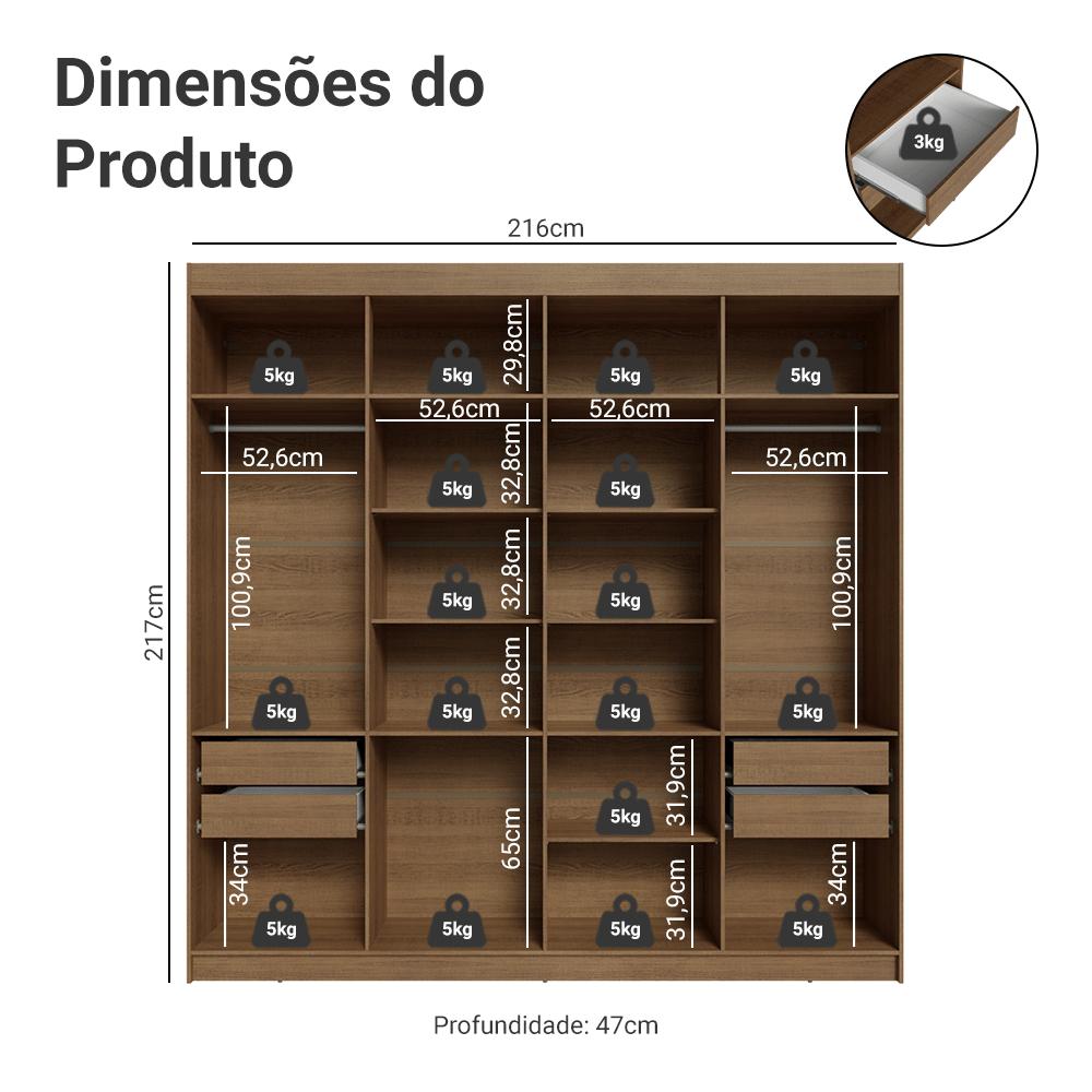 Guarda-Roupa Casal 8 Portas Batentes com Espelho Rustic/Preto/Rustic Saturno Madesa