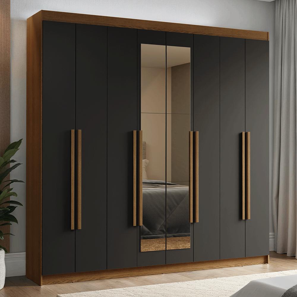 Guarda-Roupa Casal 8 Portas Batentes com Espelho Rustic/Preto/Rustic Venus Madesa