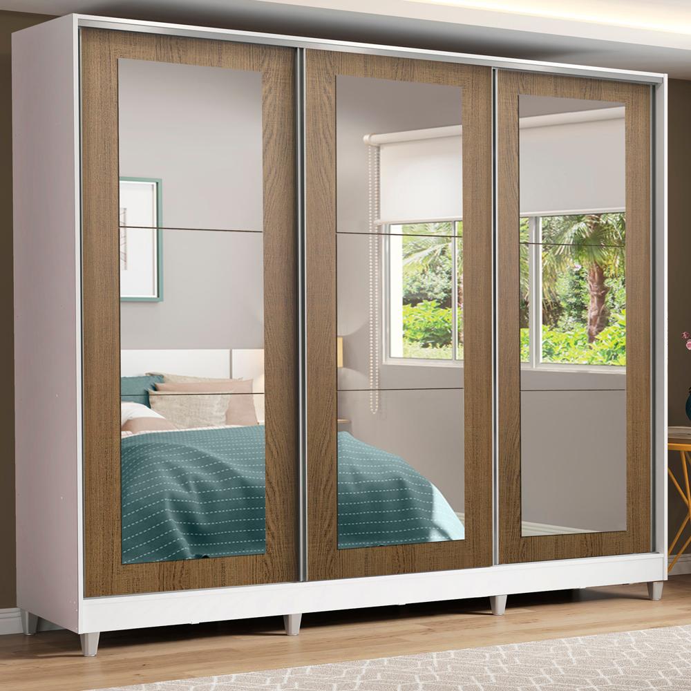 Guarda-Roupa Casal Madesa 100% MDF Eros 3 Portas de Correr de Espelho com Pés - Branco/Rustic