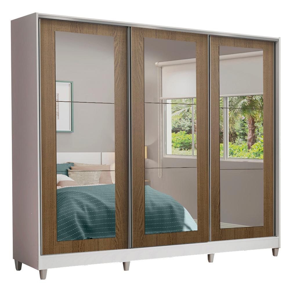 Guarda-Roupa Casal Madesa 100% MDF Eros 3 Portas de Correr de Espelho com Pés - Branco/Rustic