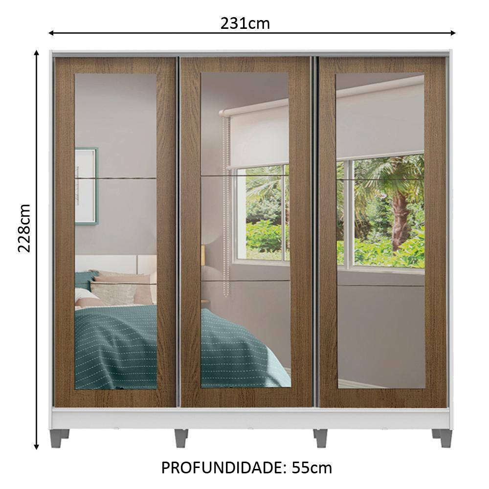 Guarda-Roupa Casal Madesa 100% MDF Eros 3 Portas de Correr de Espelho com Pés - Branco/Rustic