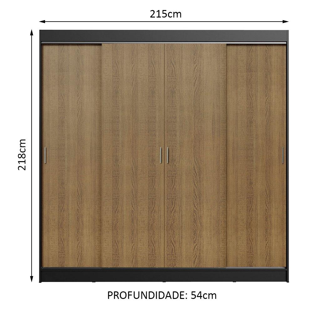 Guarda-Roupa Casal Madesa Austin 4 Portas de Correr 3 Gavetas - Preto/Rustic