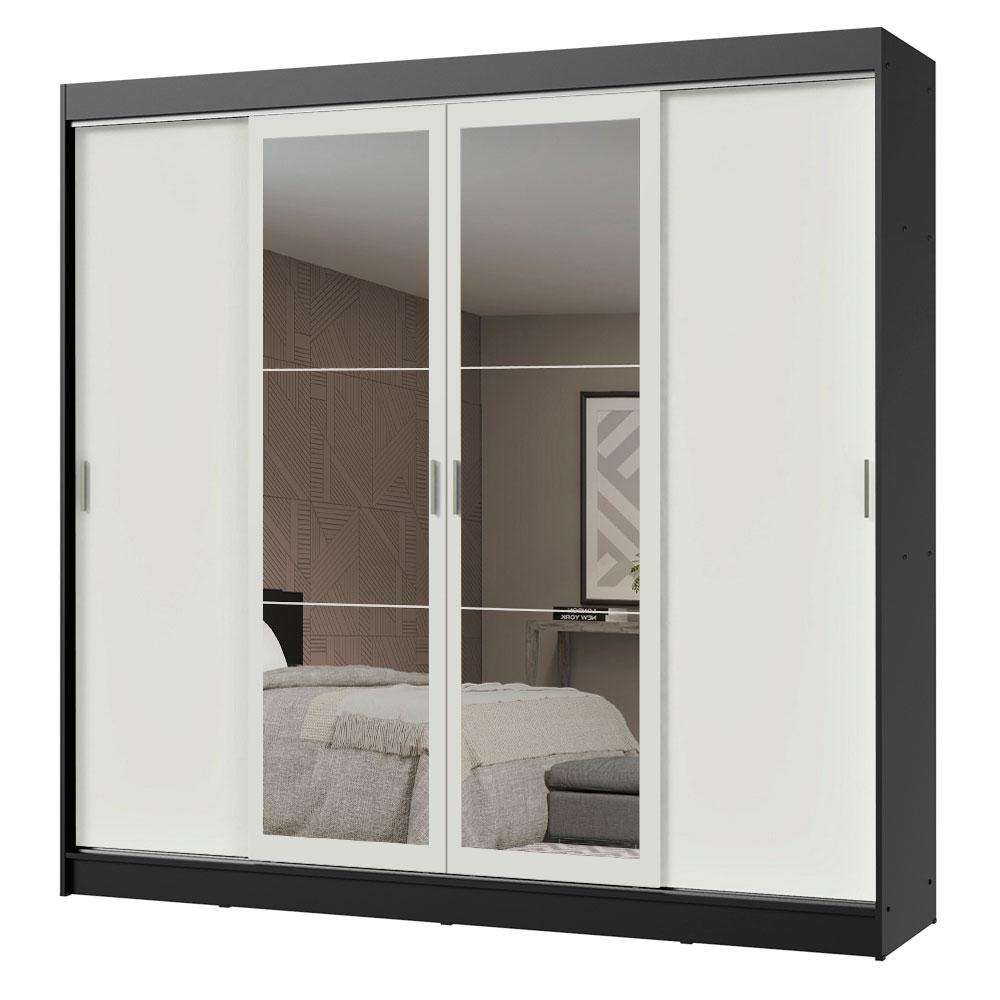 Guarda-Roupa Casal Madesa Austin 4 Portas de Correr com Espelhos 3 Gavetas - Preto/Branco