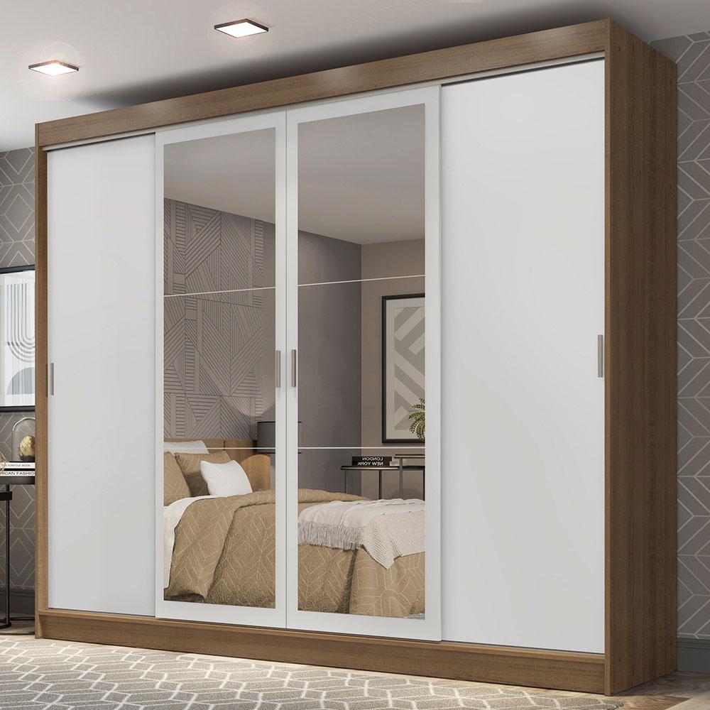 Guarda-Roupa Casal Madesa Austin 4 Portas de Correr com Espelhos 3 Gavetas - Rustic/Branco