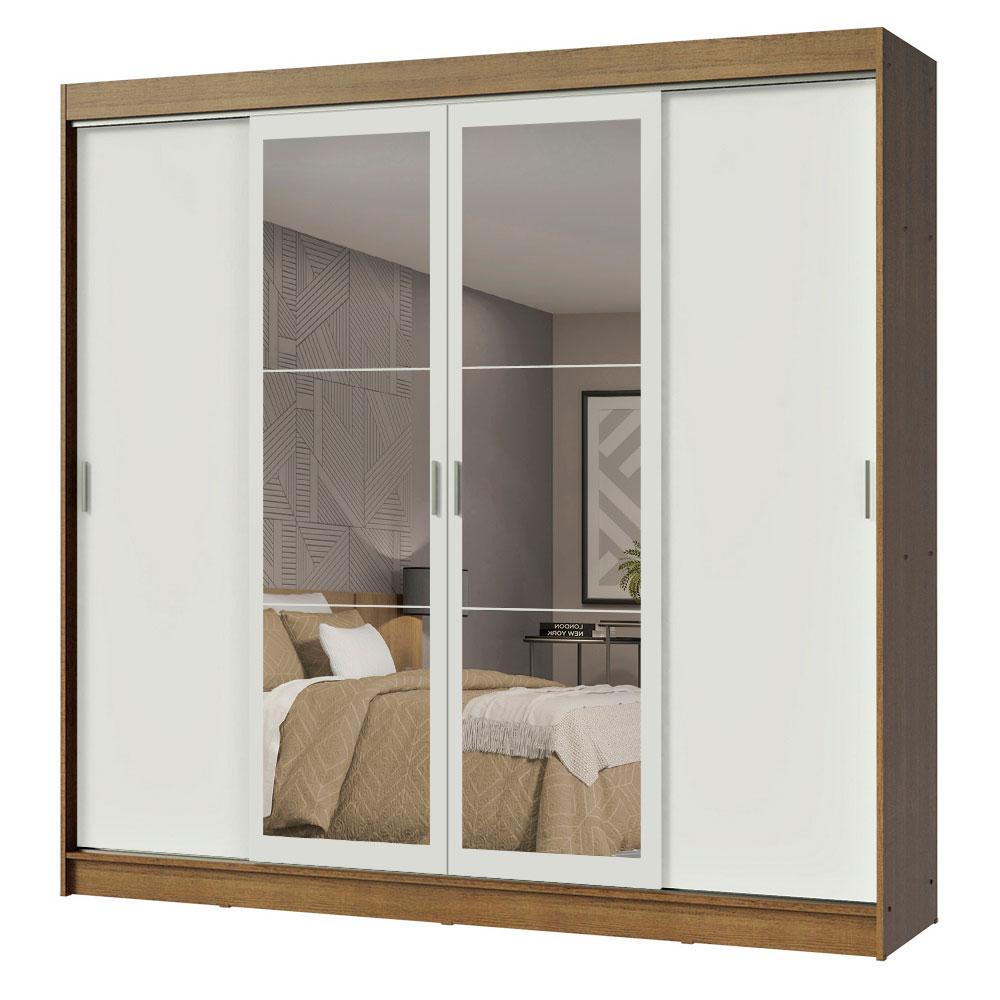 Guarda-Roupa Casal Madesa Austin 4 Portas de Correr com Espelhos 3 Gavetas - Rustic/Branco