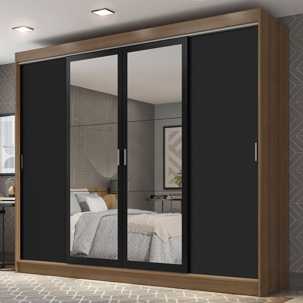 Guarda-Roupa Casal Madesa Austin 4 Portas de Correr com Espelhos 3 Gavetas - Rustic/Preto