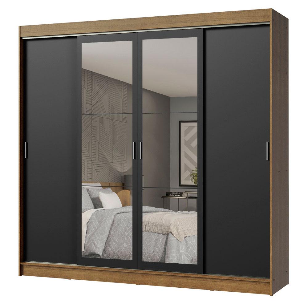 Guarda-Roupa Casal Madesa Austin 4 Portas de Correr com Espelhos 3 Gavetas - Rustic/Preto