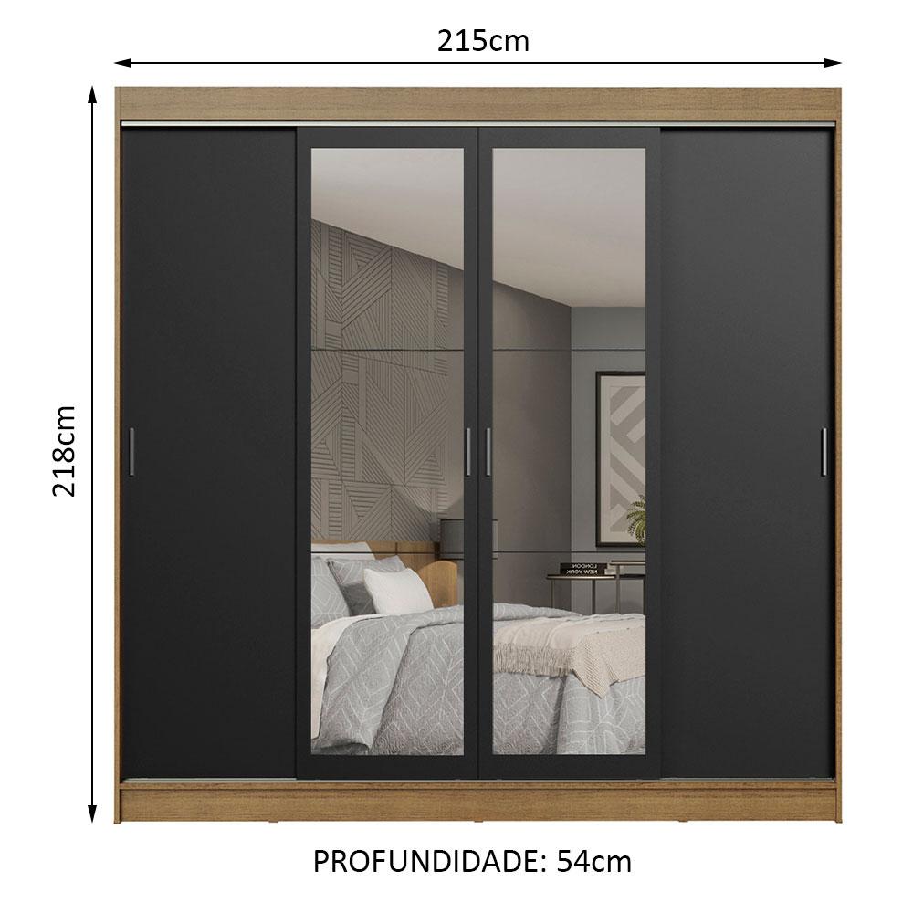 Guarda-Roupa Casal Madesa Austin 4 Portas de Correr com Espelhos 3 Gavetas - Rustic/Preto