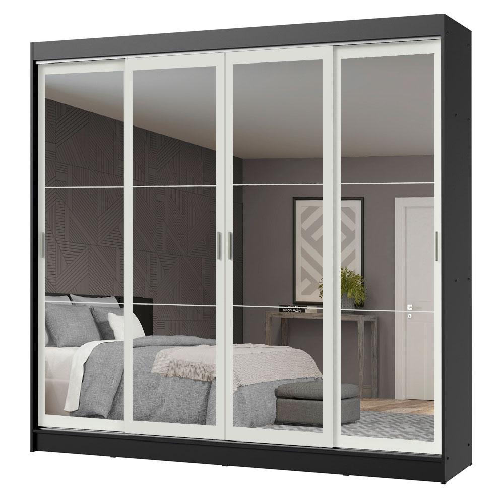 Guarda-Roupa Casal Madesa Austin 4 Portas de Correr de Espelho 3 Gavetas - Preto/Branco