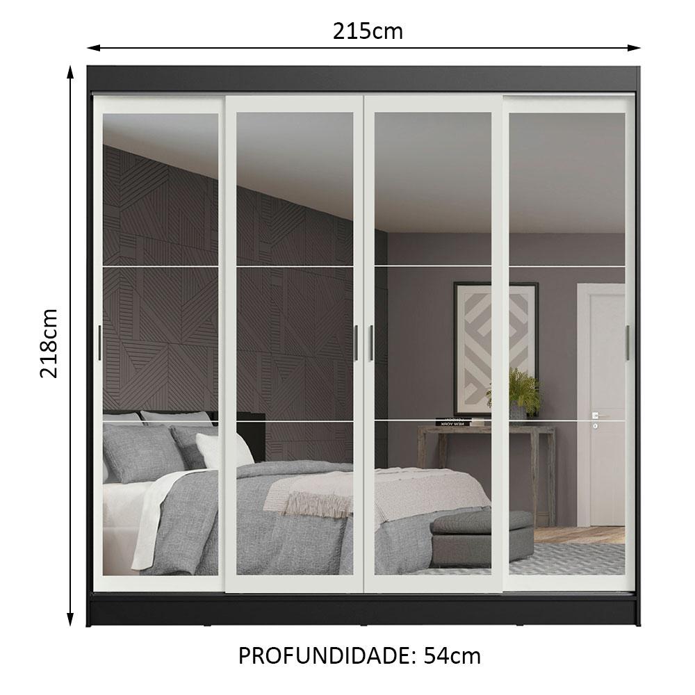 Guarda-Roupa Casal Madesa Austin 4 Portas de Correr de Espelho 3 Gavetas - Preto/Branco