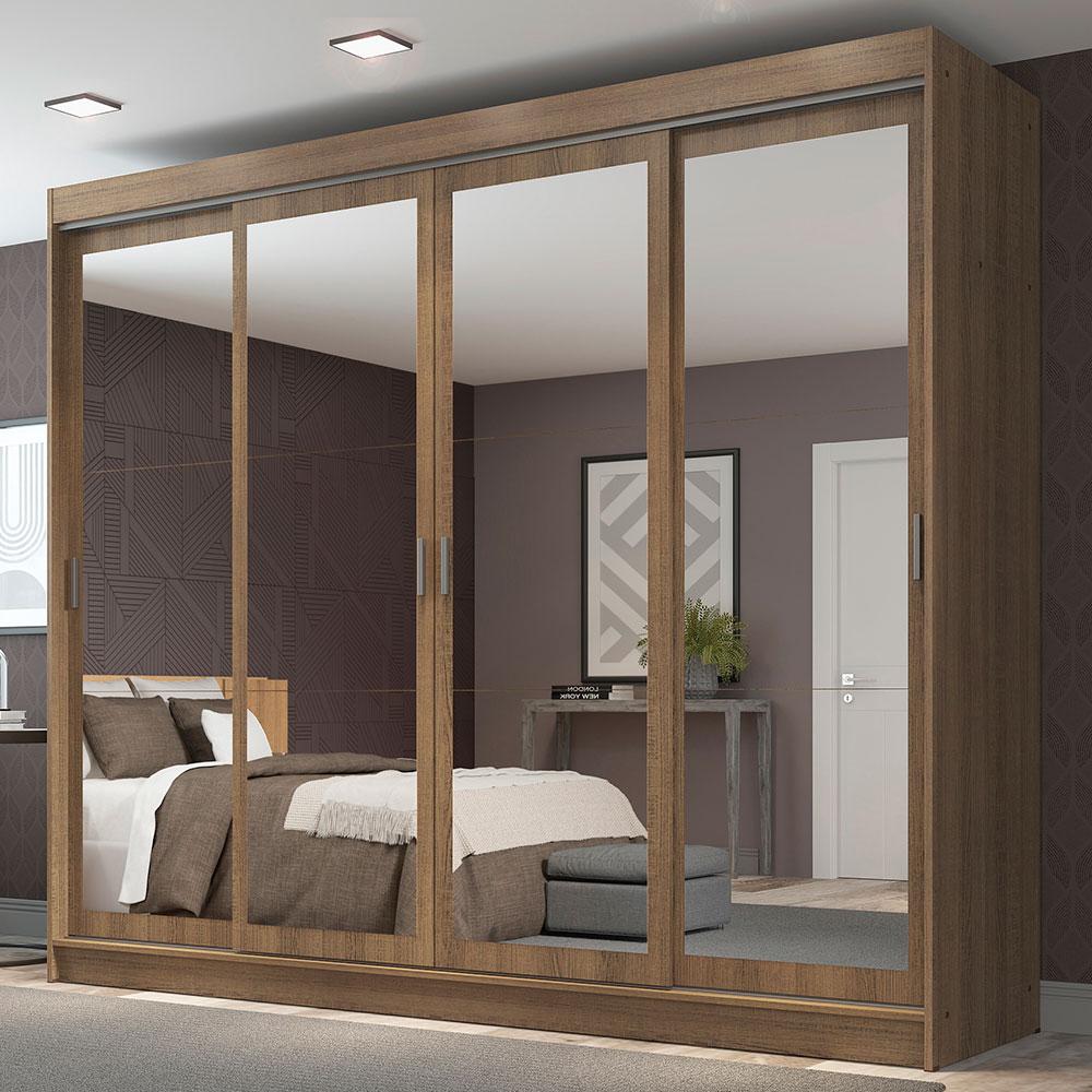 Guarda-Roupa Casal Madesa Austin 4 Portas de Correr de Espelho 3 Gavetas - Rustic