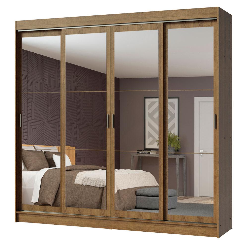Guarda-Roupa Casal Madesa Austin 4 Portas de Correr de Espelho 3 Gavetas - Rustic