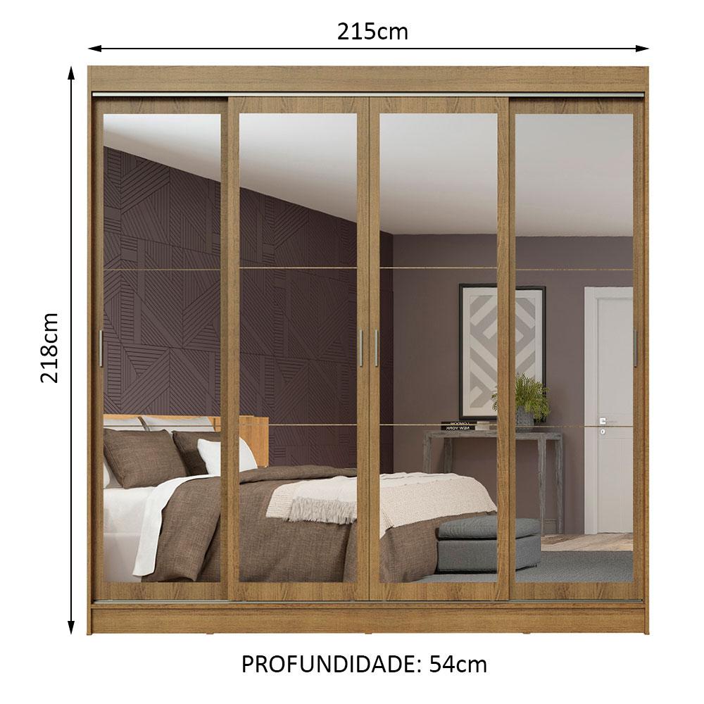 Guarda-Roupa Casal Madesa Austin 4 Portas de Correr de Espelho 3 Gavetas - Rustic