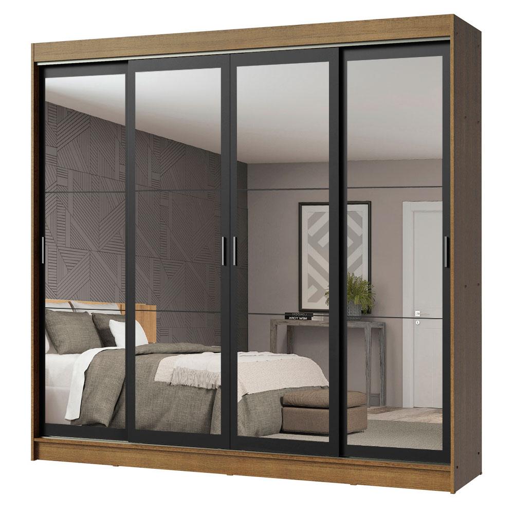 Guarda-Roupa Casal Madesa Austin 4 Portas de Correr de Espelho 3 Gavetas - Rustic/Preto