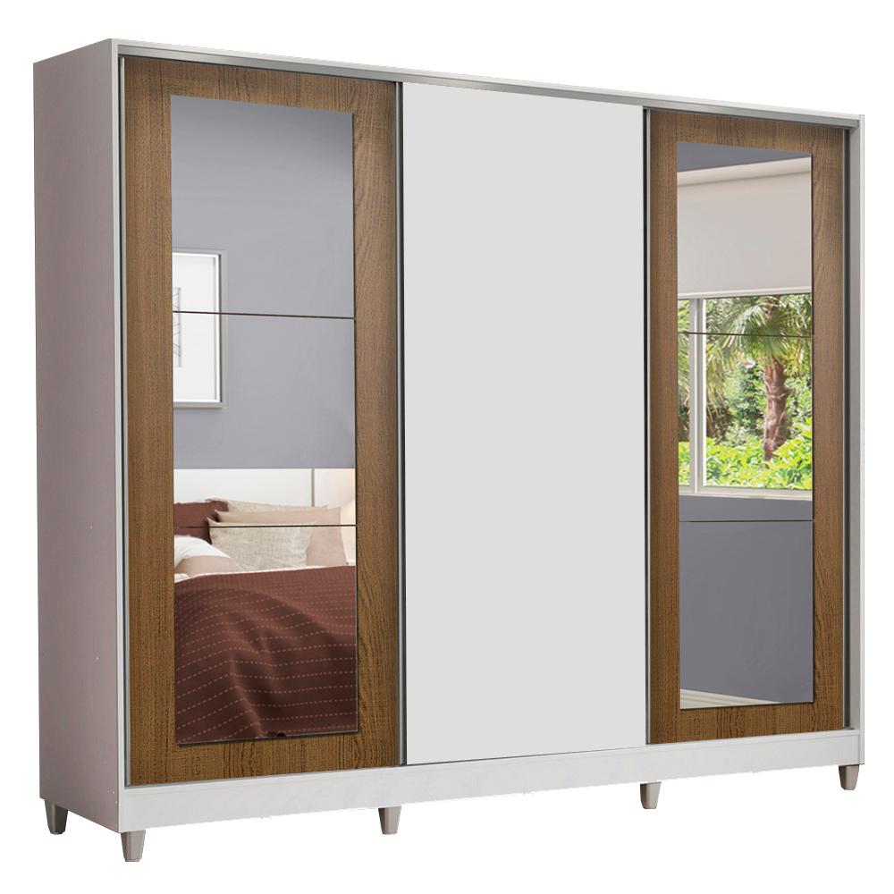 Guarda-Roupa Casal Madesa Eros 3 Portas de Correr com Espelhos com Pés - Branco/Rustic/Branco