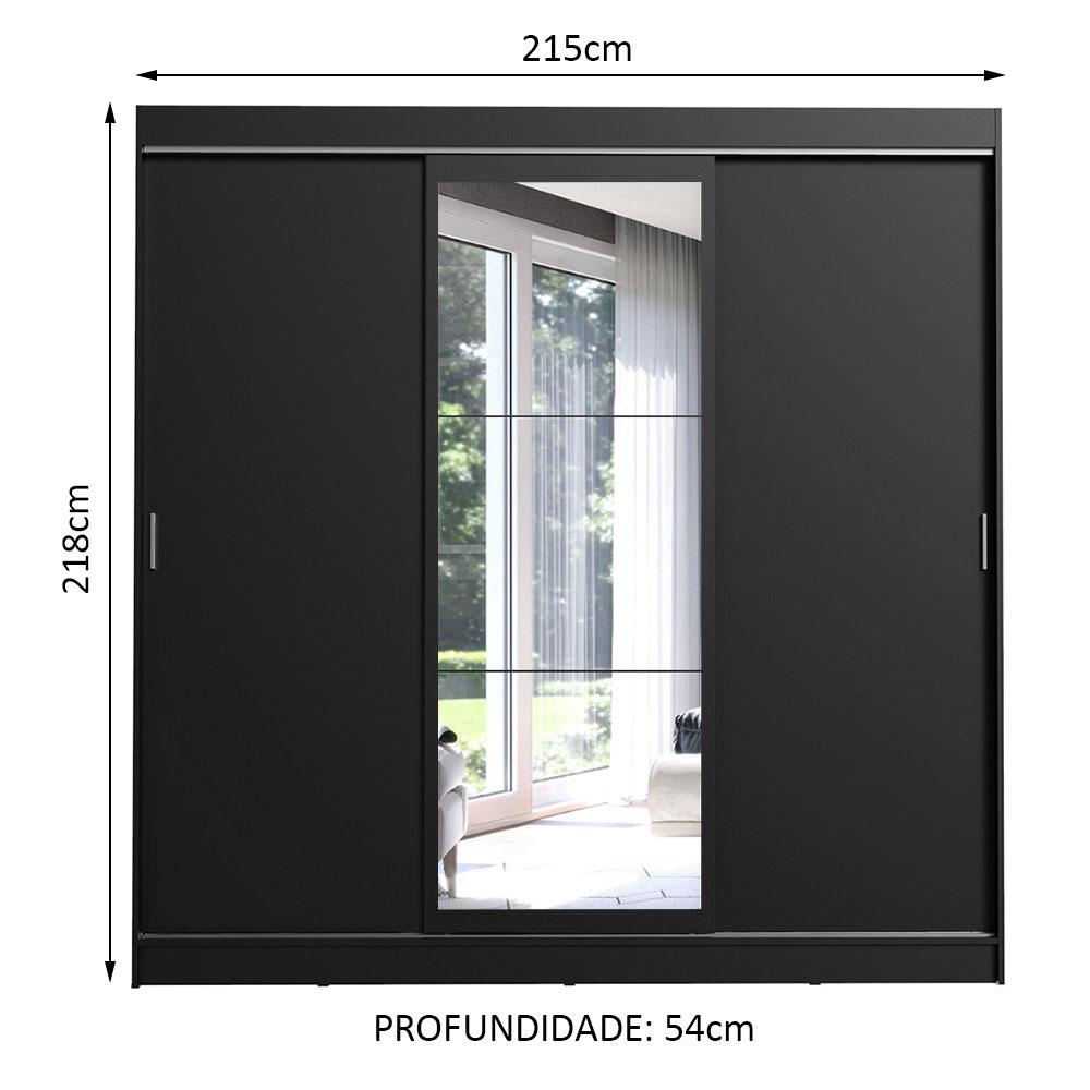 Guarda-Roupa Casal Madesa Istambul 3 Portas de Correr com Espelho 3 Gavetas - Preto