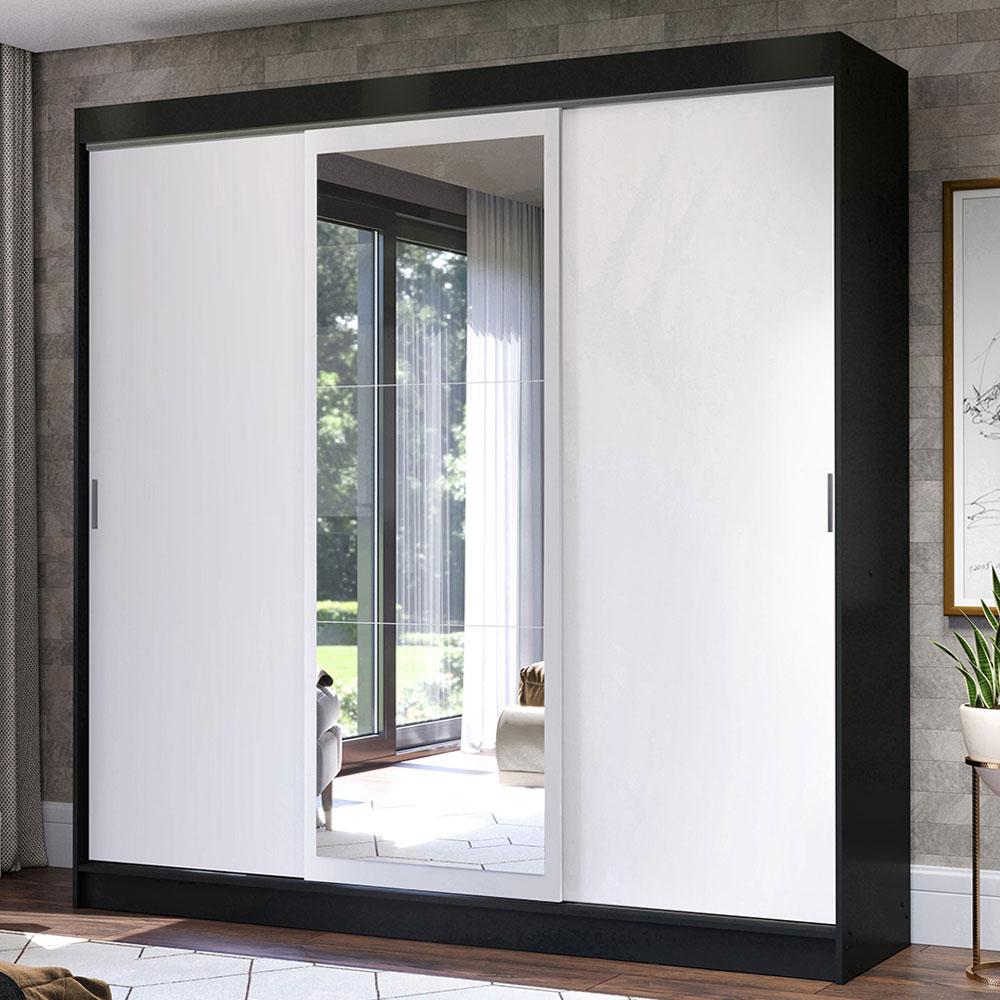 Guarda-Roupa Casal Madesa Istambul 3 Portas de Correr com Espelho 3 Gavetas - Preto/Branco