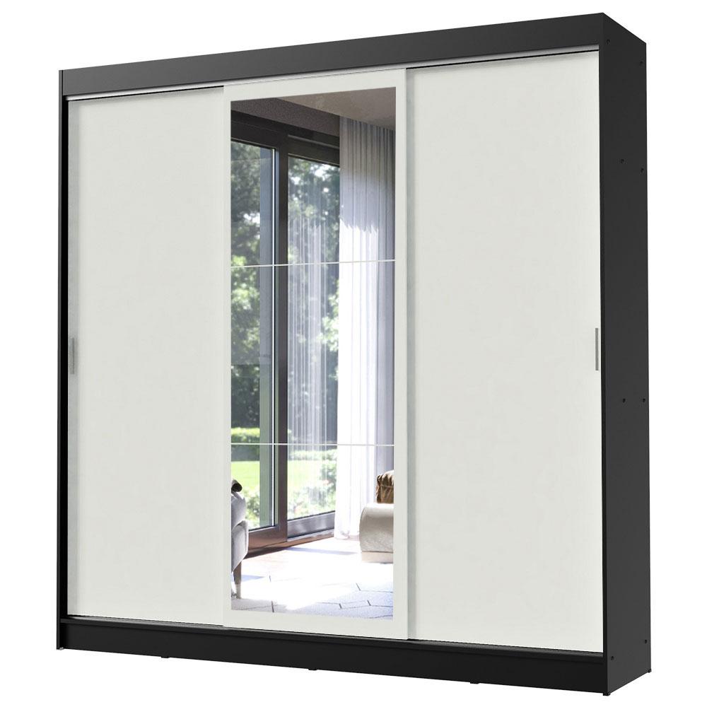Guarda-Roupa Casal Madesa Istambul 3 Portas de Correr com Espelho 3 Gavetas - Preto/Branco
