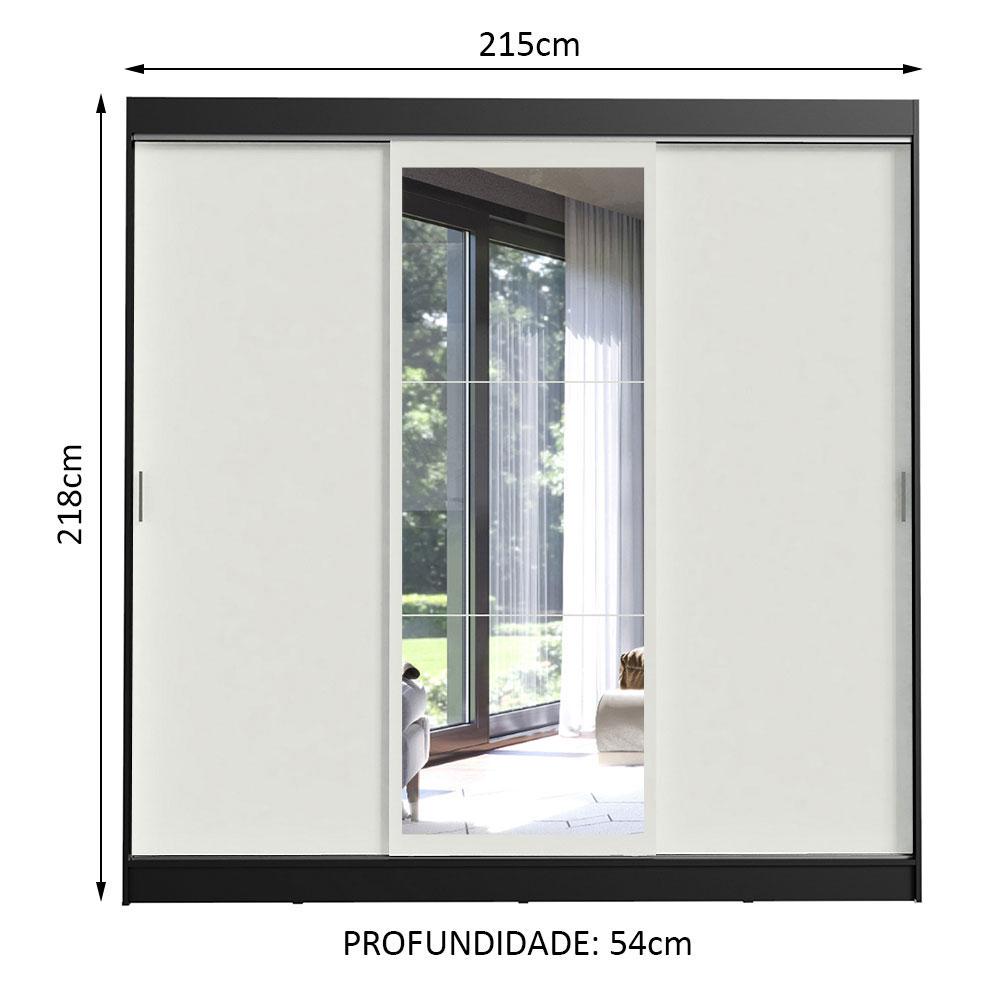 Guarda-Roupa Casal Madesa Istambul 3 Portas de Correr com Espelho 3 Gavetas - Preto/Branco