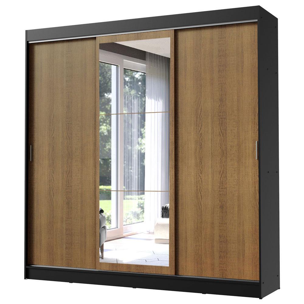 Guarda-Roupa Casal Madesa Istambul 3 Portas de Correr com Espelho 3 Gavetas - Preto/Rustic
