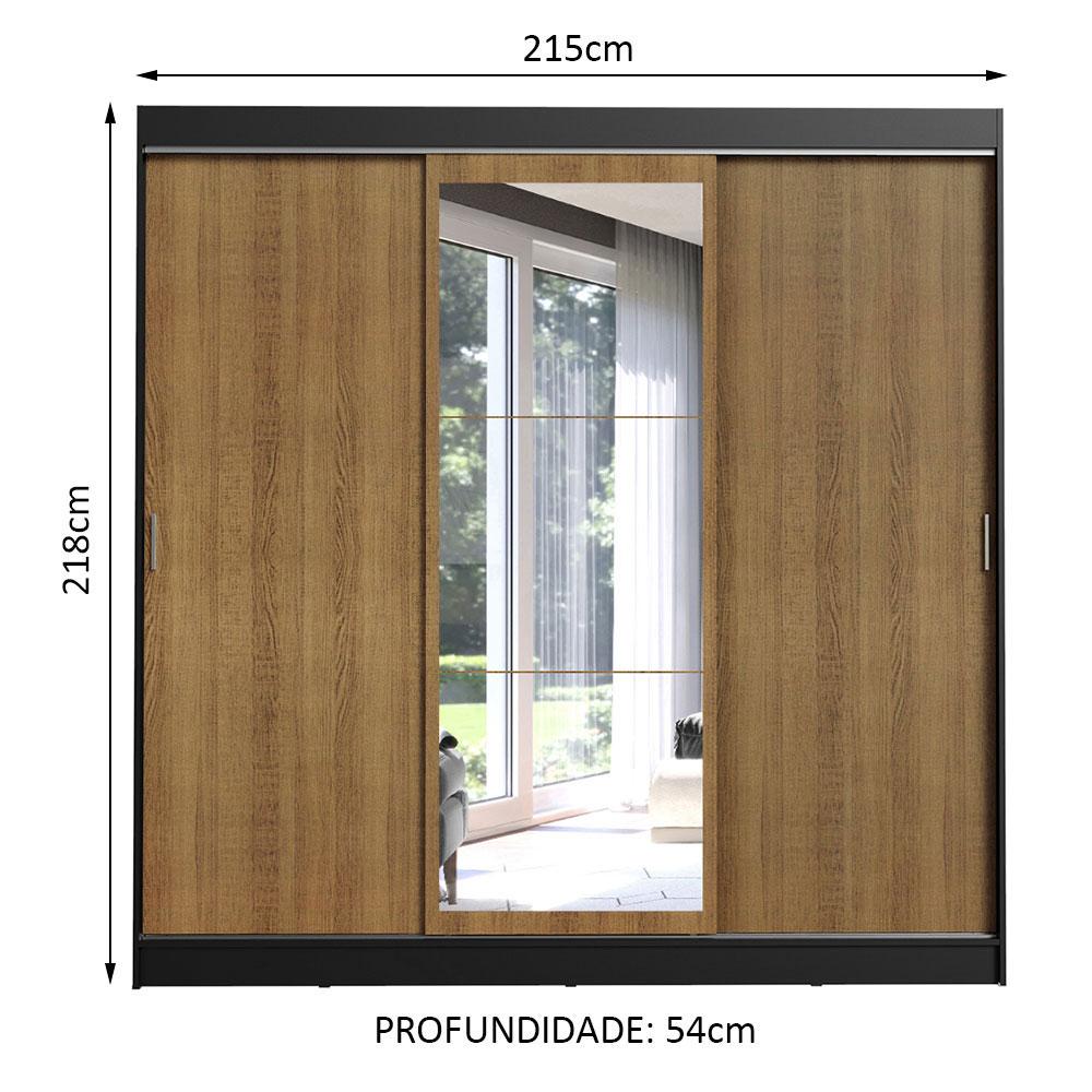 Guarda-Roupa Casal Madesa Istambul 3 Portas de Correr com Espelho 3 Gavetas - Preto/Rustic