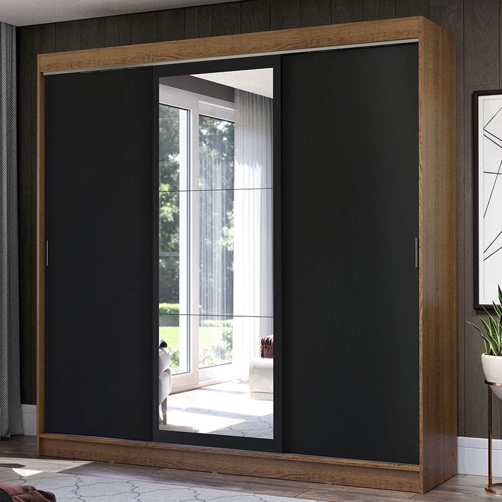 Guarda-Roupa Casal Madesa Istambul 3 Portas de Correr com Espelho 3 Gavetas - Rustic/Preto